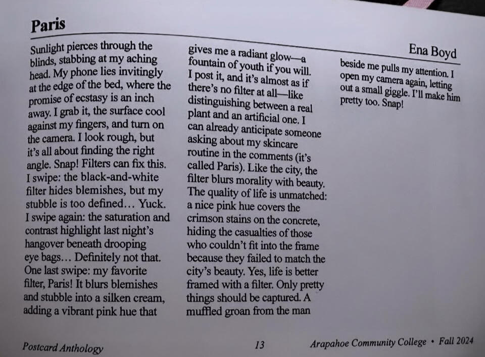 Flash fiction on filtered identity, beauty, and performance.