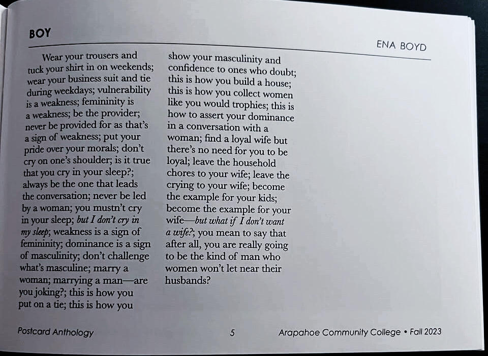 Flash creative prose exploring masculinity and societal expectation.