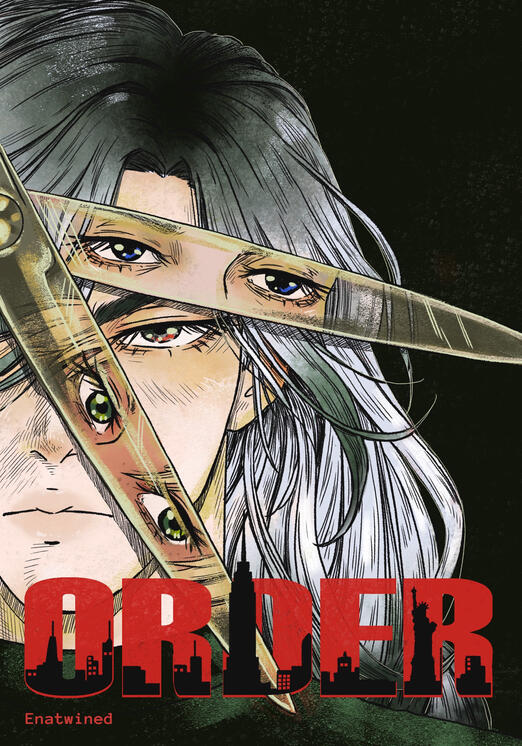 Front cover of Order. The title’s bold letters contain an outline of the New York City skyline. The main character, Xenos, appears in his human form with long, wavy hair that fades from black to white. He gazes coldly at the viewer as a pair of scissors cr